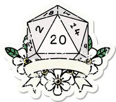 natural 20 critical hit D20 dice roll grunge sticker vector