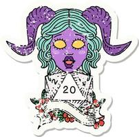 tiefling with natural twenty dice roll grunge sticker vector