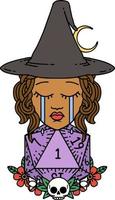 crying human witch with natural one D20 dice roll illustration vector