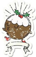 grunge sticker of tattoo style christmas pudding character walking vector