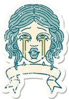 grunge sticker with banner of a very happy crying female face vector