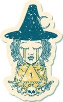 crying human witch with natural one D20 dice roll illustration vector