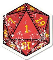 natural 1 D20 dice roll grunge sticker vector