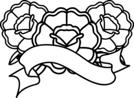 black linework tattoo with banner of a bouquet of flowers vector