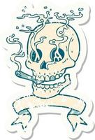 pegatina grunge con pancarta de una calavera fumando vector