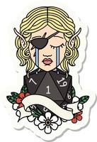 crying elf rogue character face with natural one D20 roll sticker vector
