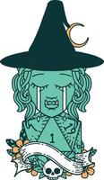 crying half orc witch character face with natural one d20 dice roll illustration vector