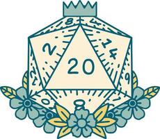 natural 20 D20 dice roll with floral elements illustration vector