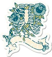 grunge sticker with banner of a rib cage and flowers vector