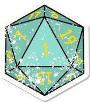 natural 1 D20 dice roll grunge sticker vector