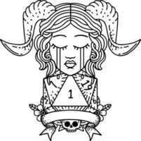 crying tiefling face with natural 1 D20 Dice illustration vector