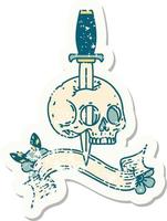 grunge sticker with banner of a skull and dagger vector