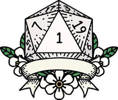 natural one d20 dice roll illustration vector