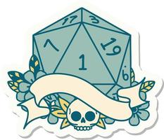 natural one d20 dice roll sticker vector