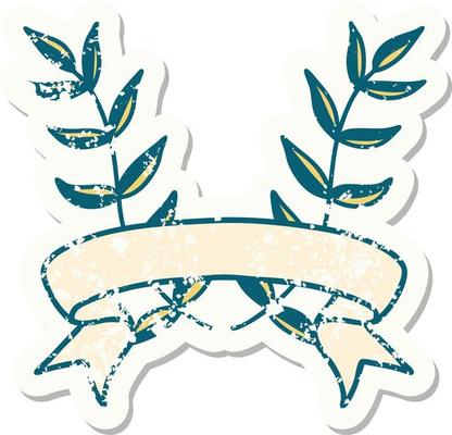 grunge sticker with banner of laurel