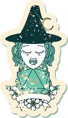 half orc witch character with natural 20 dice roll illustration