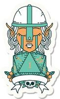 crying elf fighter character face with natural one D20 roll sticker vector