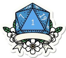 natural one d20 dice roll sticker vector