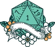 natural one d20 dice roll illustration vector