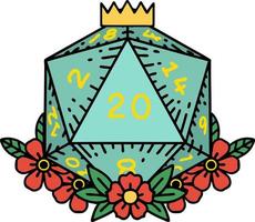 natural 20 D20 dice roll with floral elements illustration vector