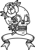 black linework tattoo with banner of a skull and rose vector