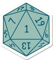 natural 1 D20 dice roll sticker vector