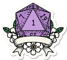 natural one d20 dice roll sticker vector