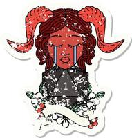 crying tiefling with natural one D20 roll grunge sticker vector