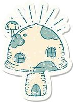 grunge sticker of tattoo style toadstool house vector