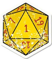 natural 1 D20 dice roll grunge sticker vector