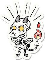 grunge sticker of tattoo style skeleton demon character vector