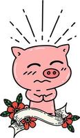 banner with tattoo style nervous pig character vector