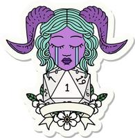 crying tiefling face with natural 1 D20 Dice sticker vector