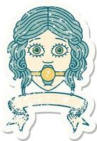 grunge sticker with banner of female face with ball gag vector