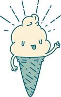 traditional tattoo style ice cream character waving vector