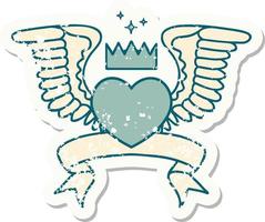 grunge sticker with banner of a heart with wings vector