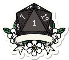 natural one d20 dice roll sticker vector