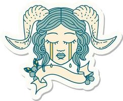 crying tiefling character face with scroll banner sticker vector