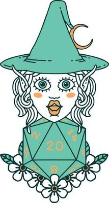 elf mage character with natural twenty dice roll illustration