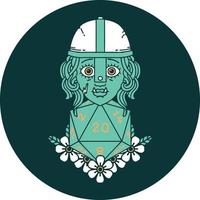 half orc fighter character with natural twenty dice roll icon vector