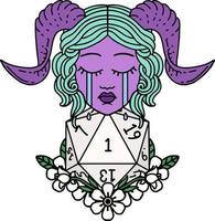 crying tiefling with natural one D20 dice roll illustration vector