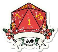 natural one d20 dice roll grunge sticker vector