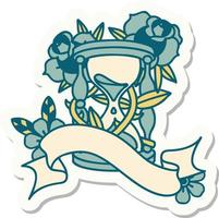 tattoo sticker with banner of an hour glass and flowers vector