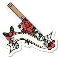 tattoo sticker with banner of a cleaver and flowers vector