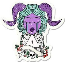 crying tiefling with natural one D20 dice roll grunge sticker vector