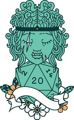 half orc barbarian character with natural twenty dice roll illustration