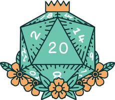 natural 20 D20 dice roll with floral elements illustration vector