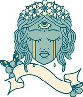 tattoo with banner of female face with third eye crying vector