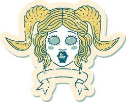 Retro Tattoo Style tiefling character face with scroll banner vector