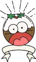 scroll banner with tattoo style shocked christmas pudding vector